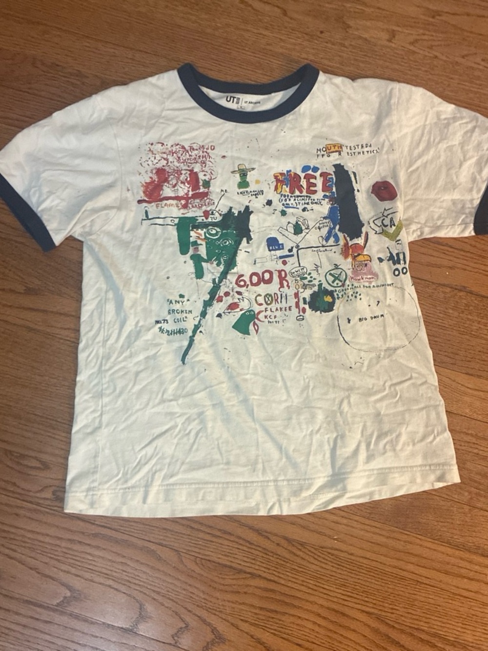Uniqlo White Graphic Ringer Tee with Navy Trim